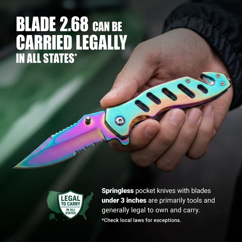 GOOD WORKER Legal Rainbow Pocket Knife with Glass Breaker Seatbelt Cutter - 2.68 Inch Sharp Serrated Blade - Cute Small Folding Womens Knives for Self Defense EDC Camping - Birthday Gifts for Women - 6655 R - Image 4